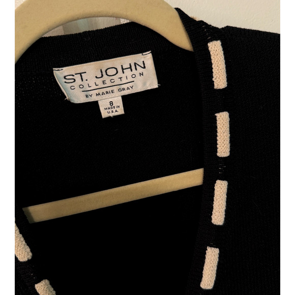 St. John 8 Santana Knit 100% Wool Cardigan Sweater Contrast Trim Jacket Black - Picture 5 of 9